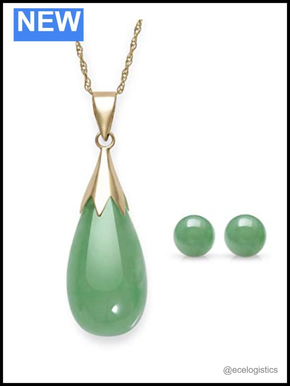 10K Yellow Gold Teardrop Jade Pendant Necklace & Stud Earrings Set 18in